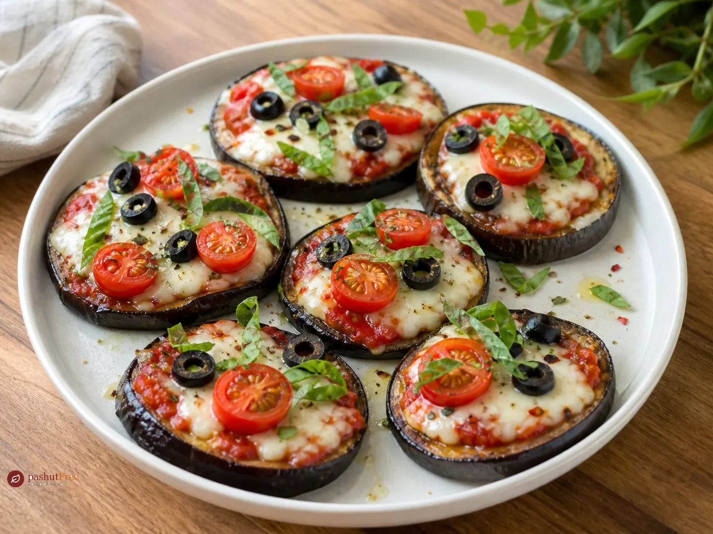 Aubergine pizza rounds topped with tomato, olives and basil