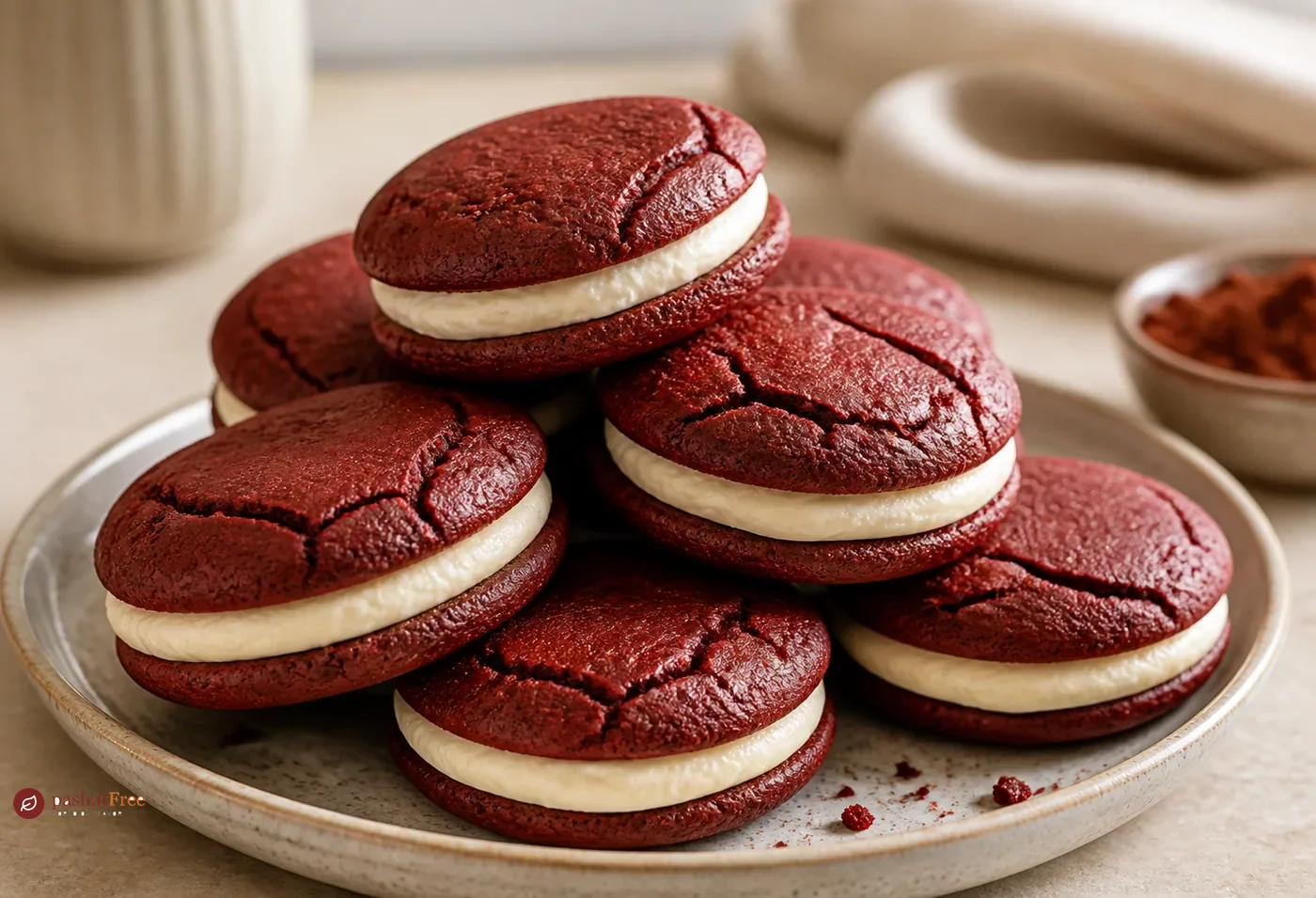 Velvety red chocolate sandwich cookies on a serving plate
