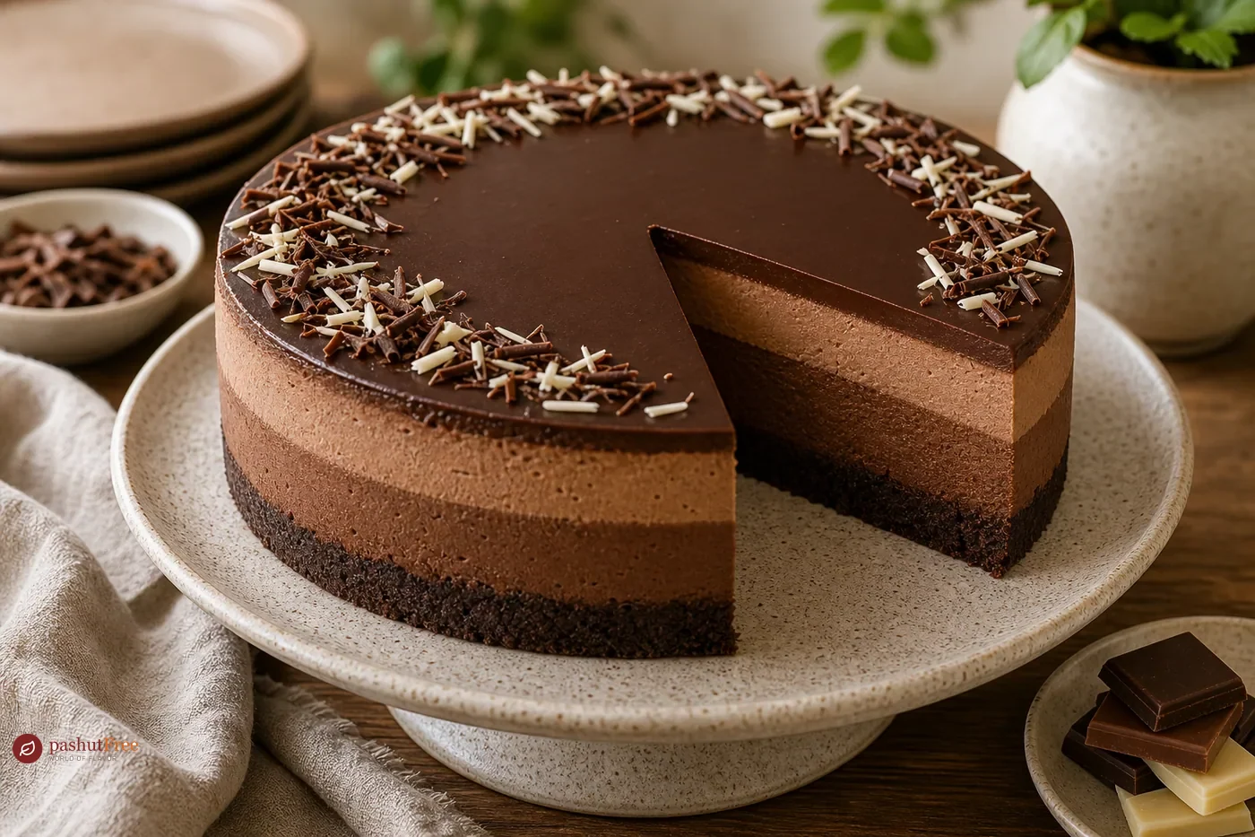 Decadent Triple Chocolate Cheesecake on a serving plate