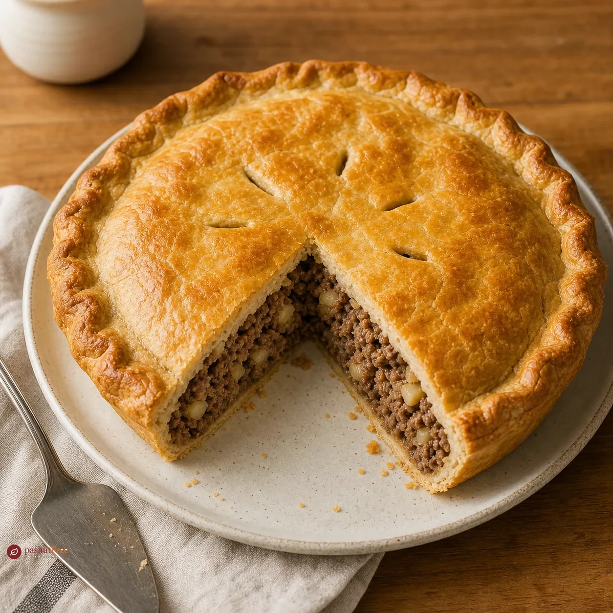 Slice of tourtiere meat pie with cherry compote on a ceramic plate