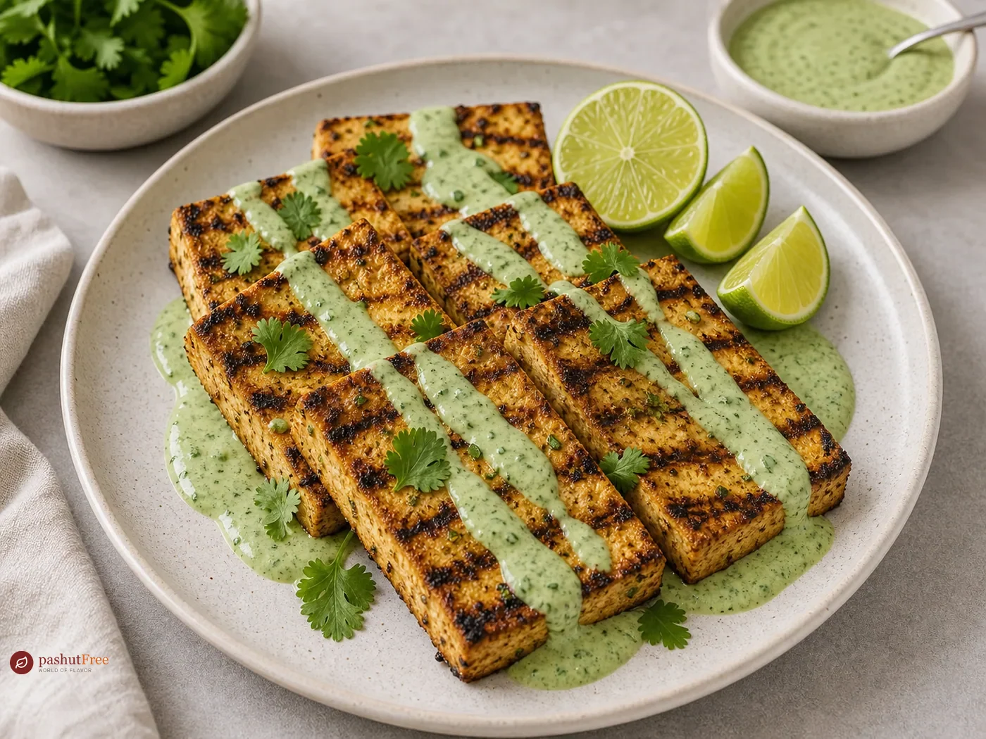 Tofu a la parrilla con salsa cremosa de cilantro
