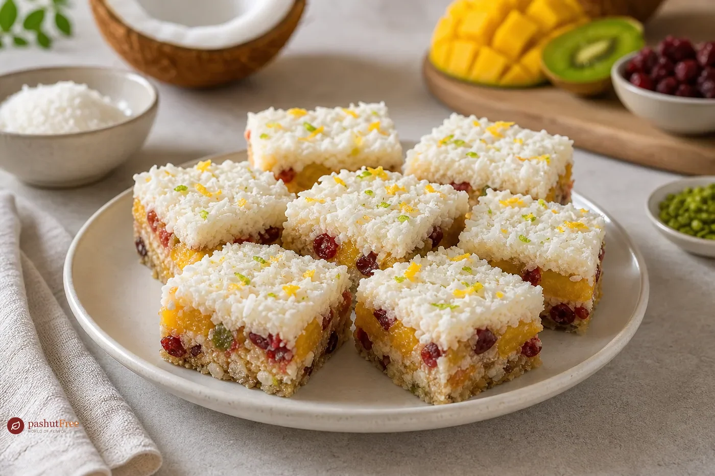 Finished homemade dish: Refreshing No-Bake Coconut Fruit Squares