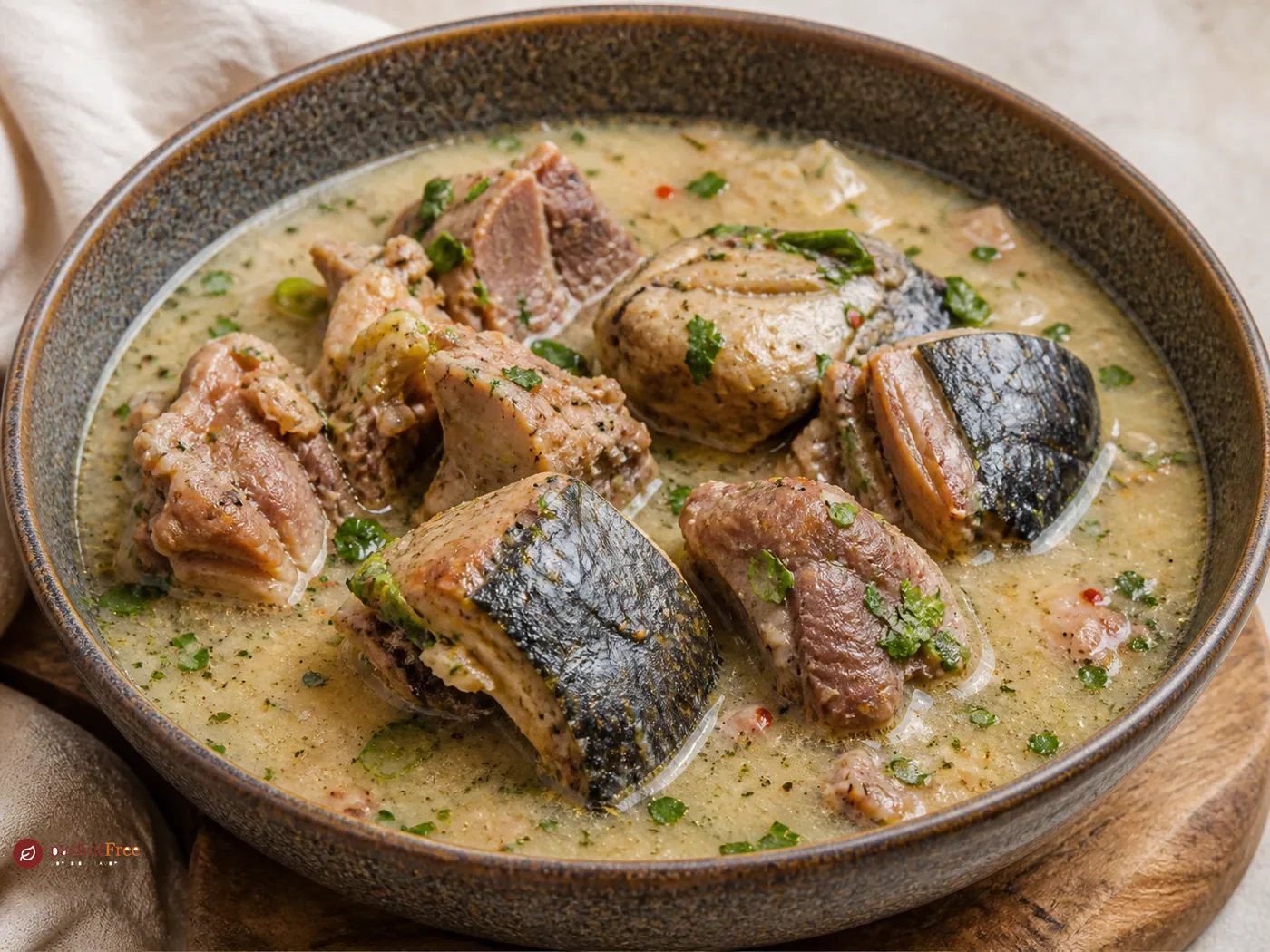 Sopa blanca nigeriana con carne de cabra y bagre