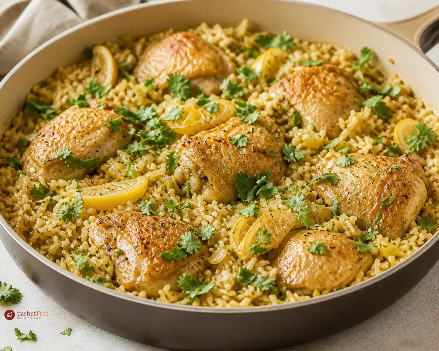 Pollo con arroz en una sola olla con limón en conserva y cilantro
