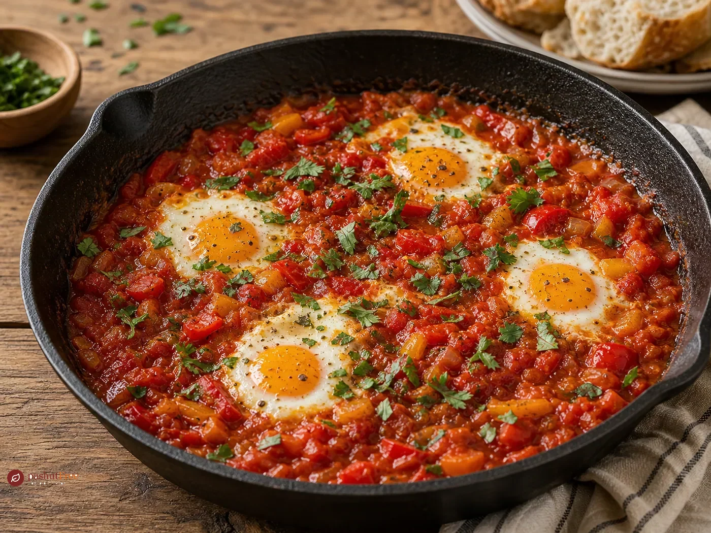 Vegetarian shakshuka in a skillet with tomatoes peppers and eggs