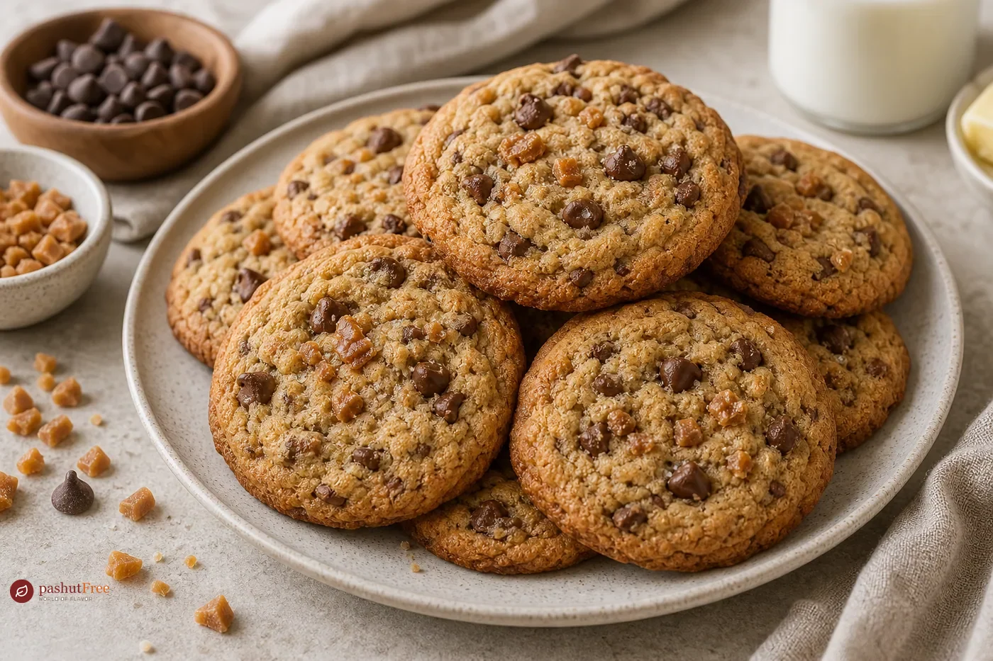 Finished homemade dish: Crispy Gluten-Free Brown Butter Toffee Chocolate Chip Cookies