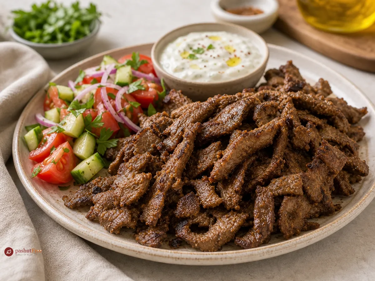 Homemade beef shawarma with fresh vegetables in a bowl