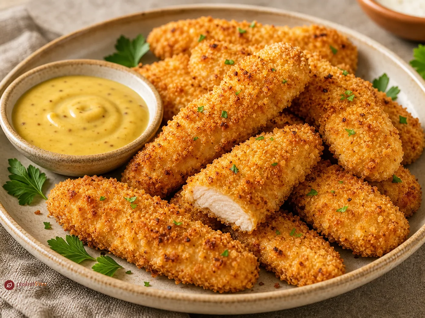 Tiras de pollo crujientes al horno con salsa de miel y mostaza