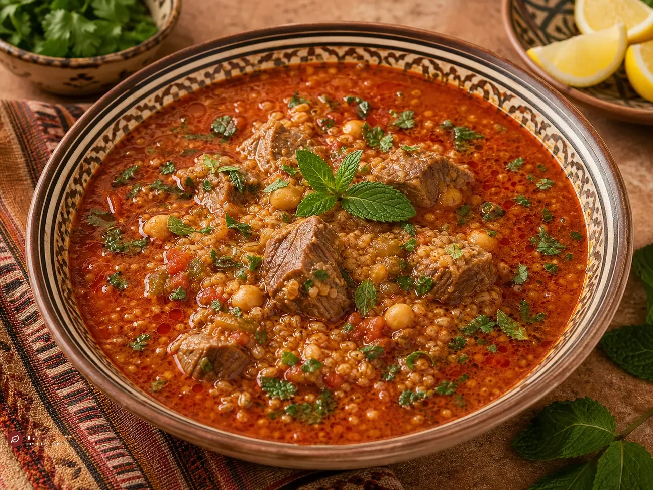 Chorba Hamra bel Frik (Algerian Lamb, Tomato, and Freekeh Soup)