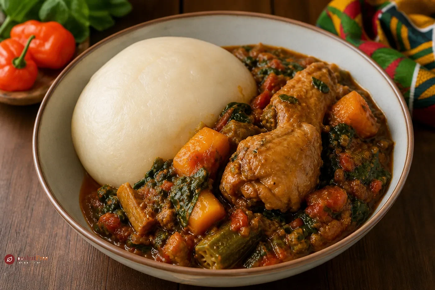 Finished homemade dish: Fufu with Vegetable Stew and Chicken