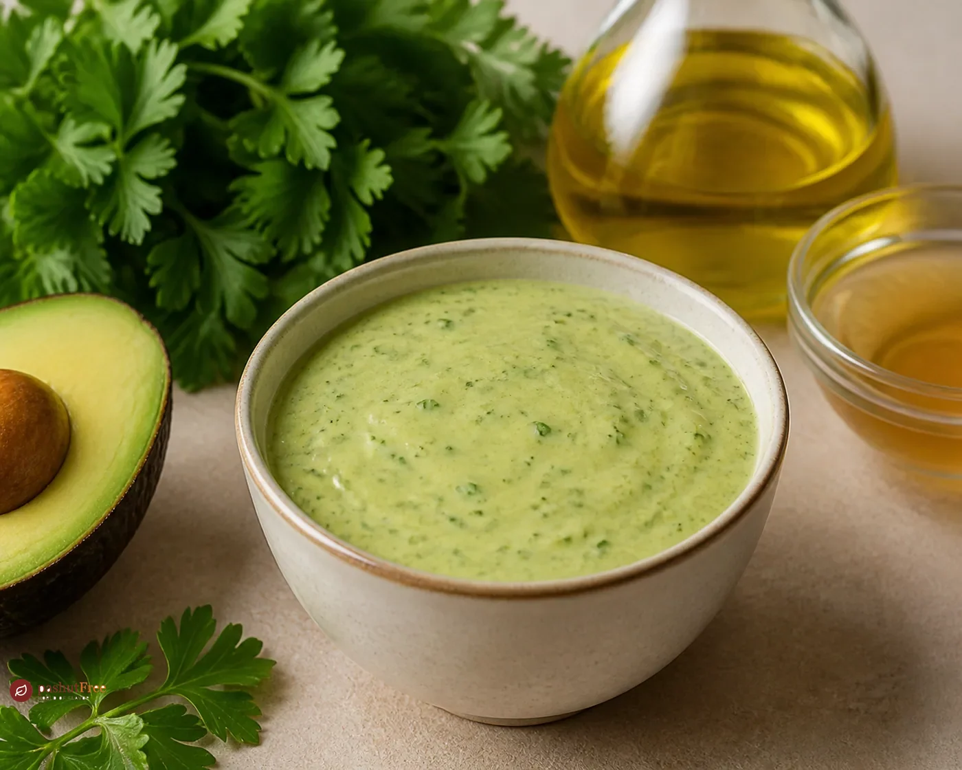 Creamy green avocado and parsley dressing in a ceramic bowl