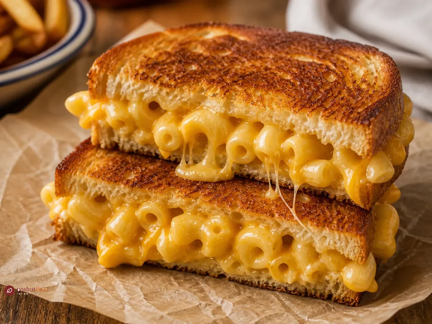 Grilled mac and cheese sandwich with melted cheese and macaroni filling