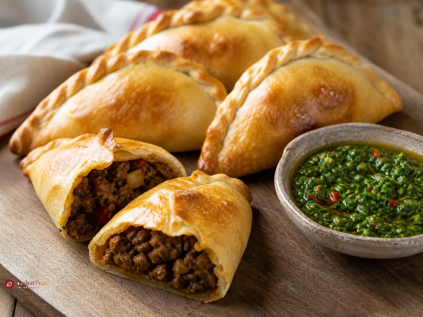 Empanadas de carne dorada servidas con chimichurri