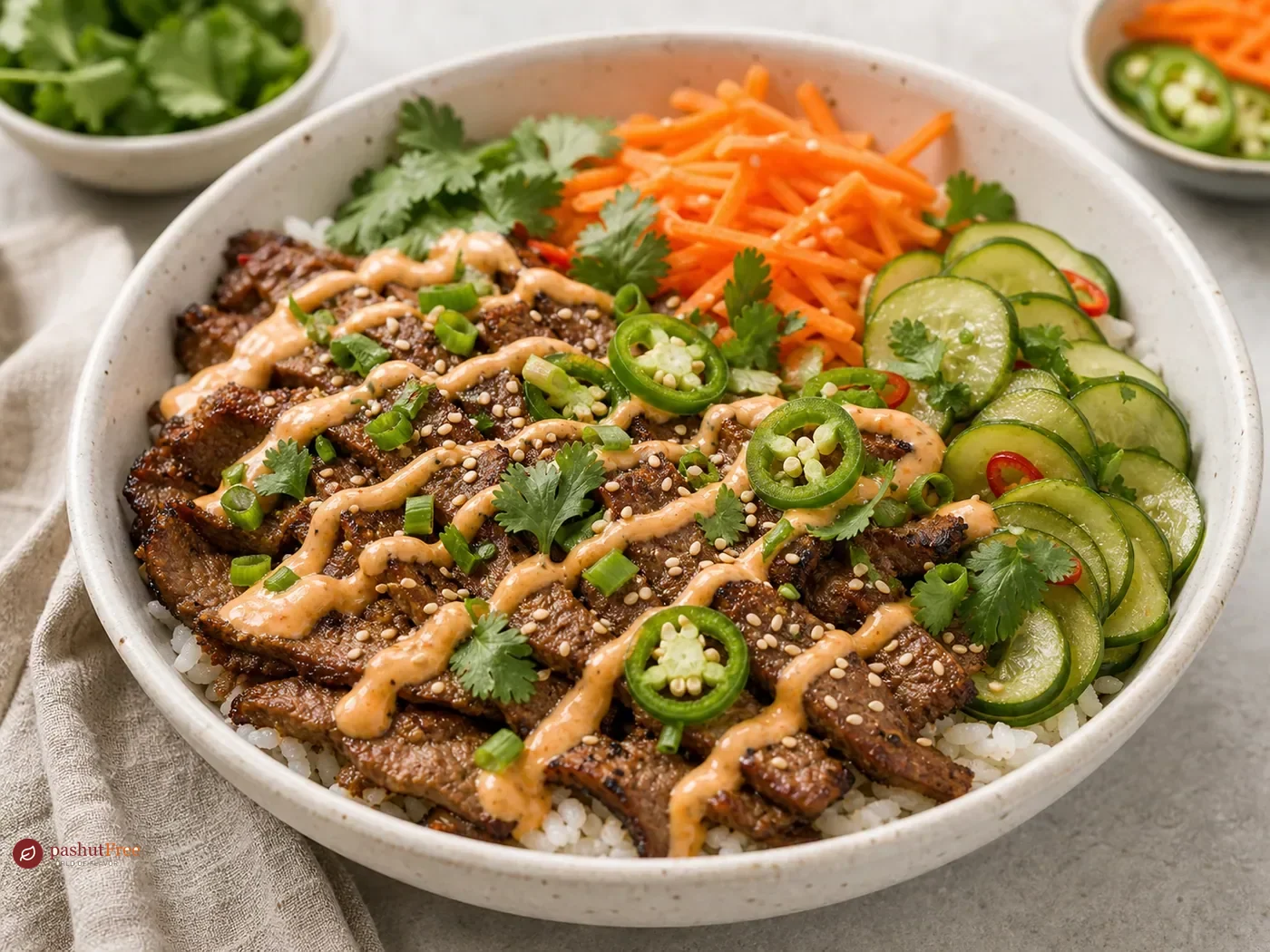 Beef Banh Mi Bowls with Sriracha Mayo, Carrot & Pickled Cucumber