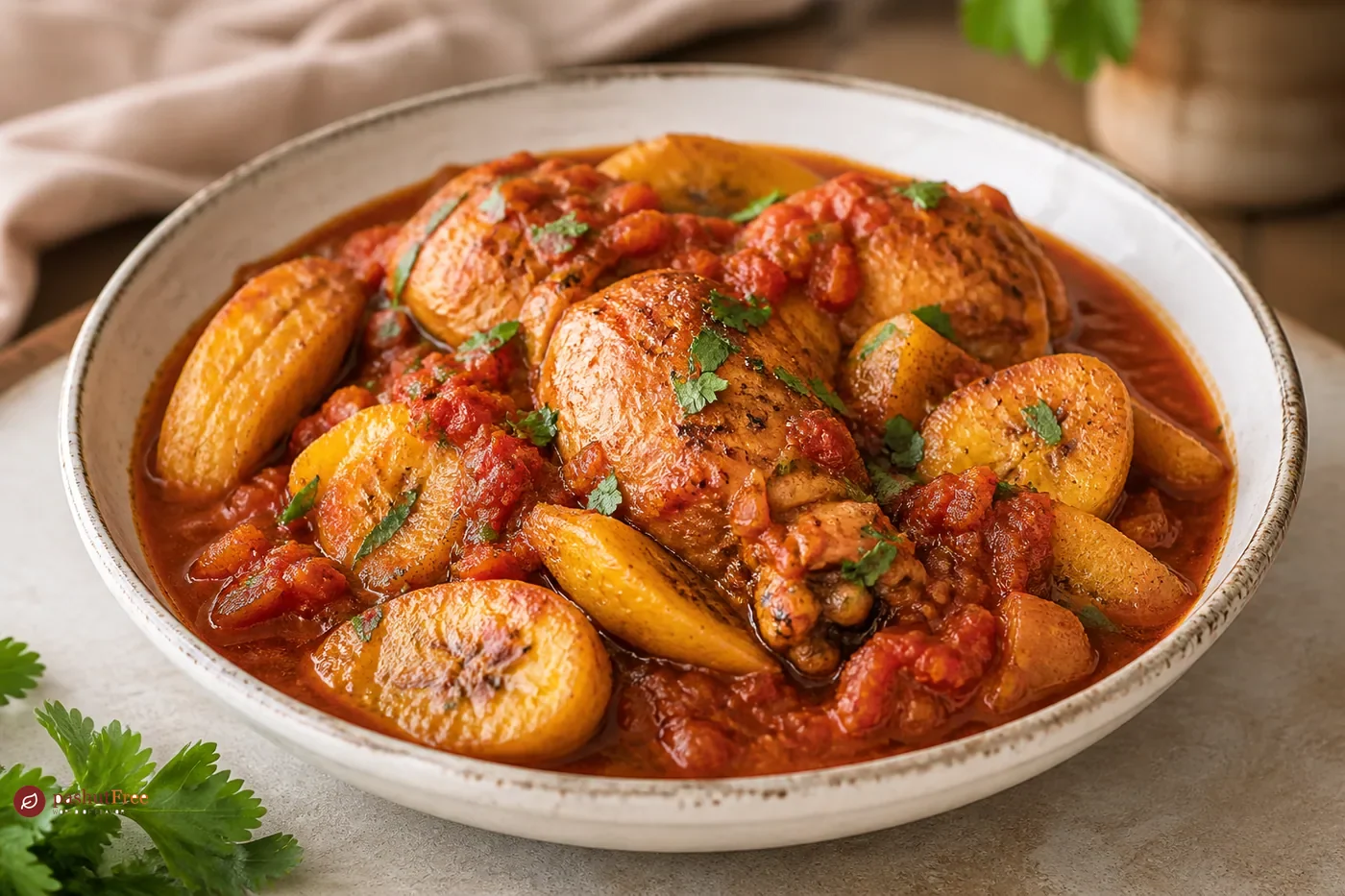 Finished homemade dish: Chicken and Plantains in Tomato Sauce