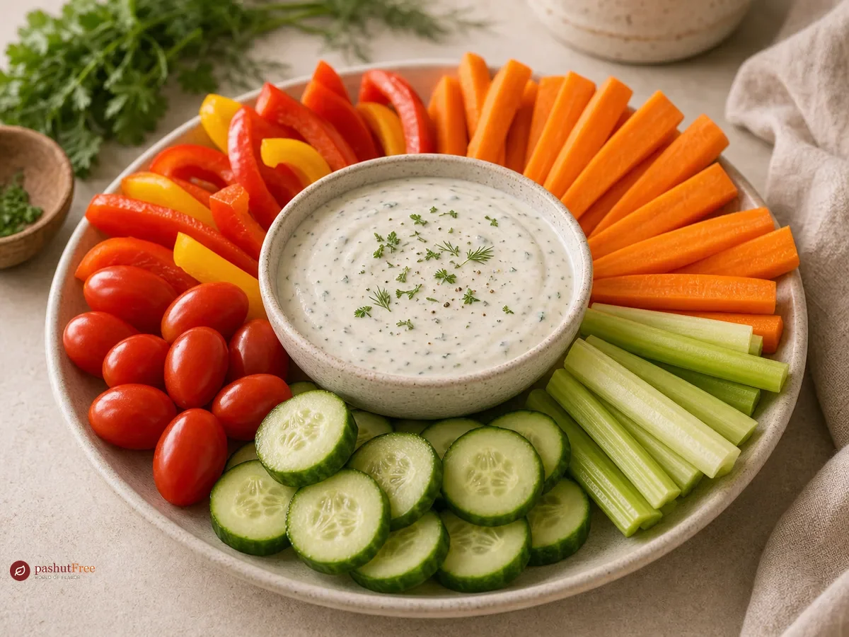 Photo of Creamy Vegan Ranch Dressing with Colorful Snack Platter