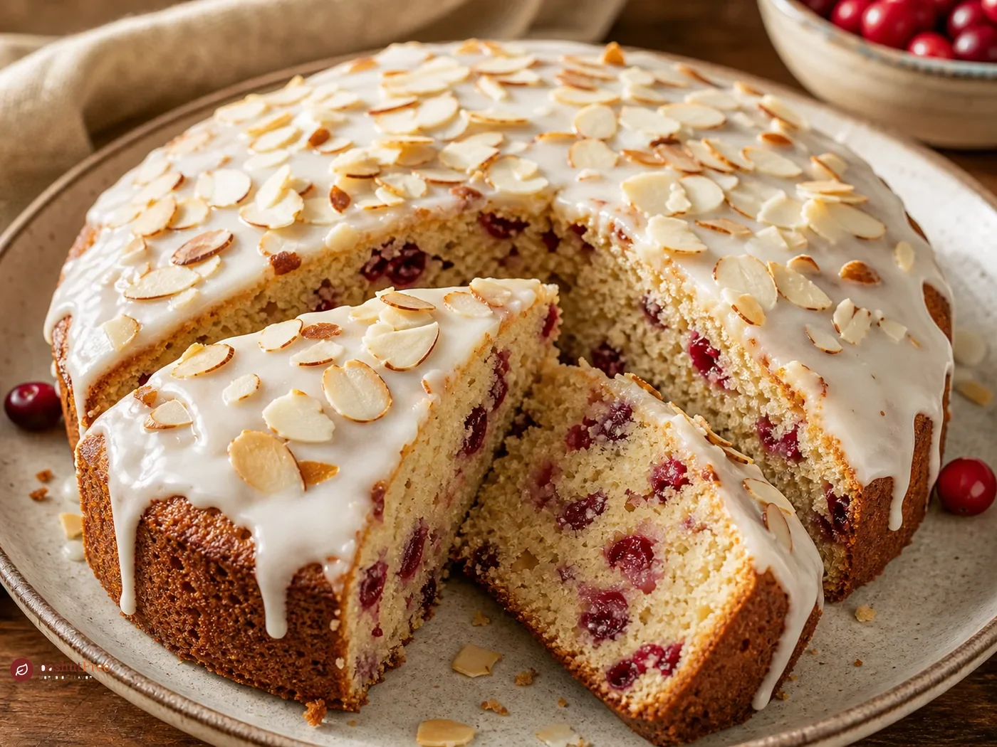 Cranberry and Almond Cake with Sour Cream Topping