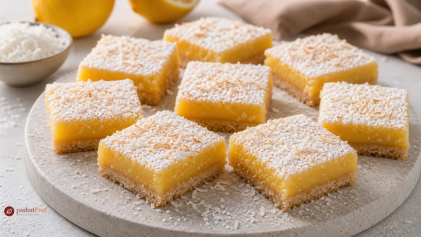 Lemon-coconut bars with yellow filling, a golden crust, and coconut topping