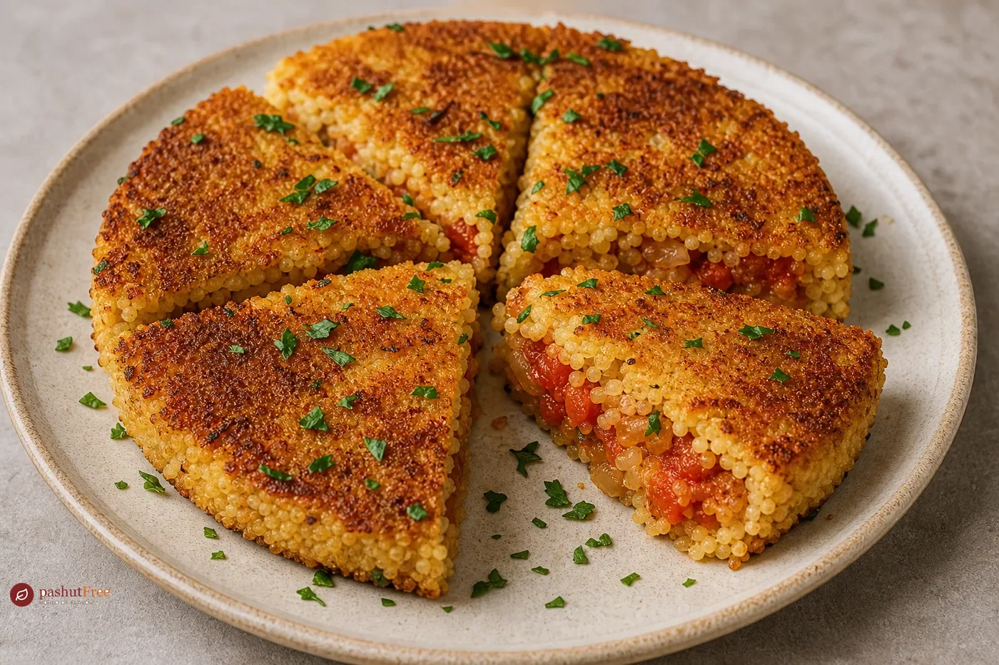 Tortita Crujiente de Cuscús con Tomate y Cebolla