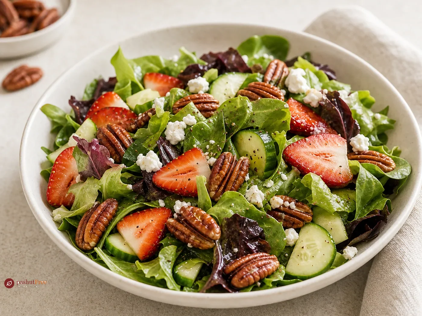 Ensalada de fresas y queso vegano con nueces pecán