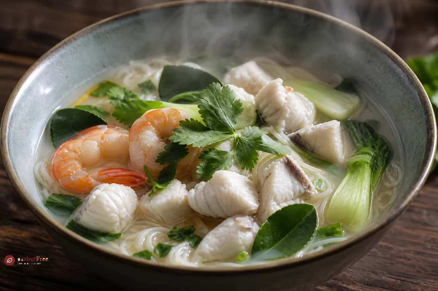 Caldo de pescado al estilo tailandés con verduras