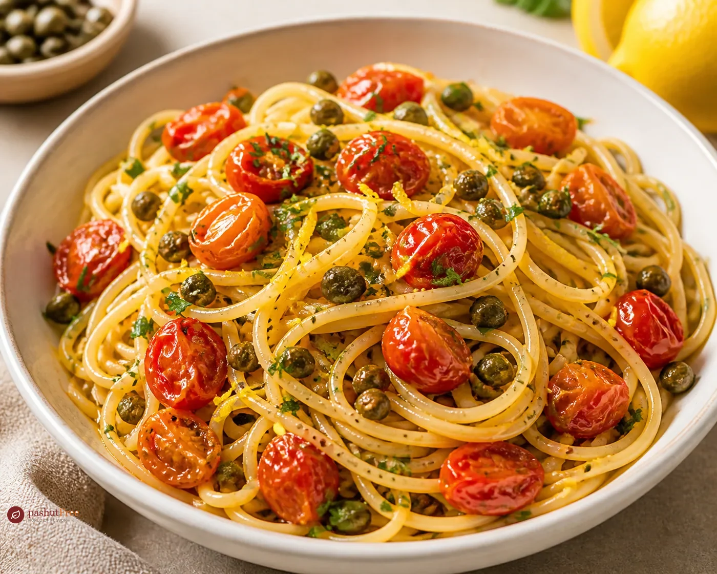 Lemon Pasta with Cherry Tomatoes and Crispy Capers