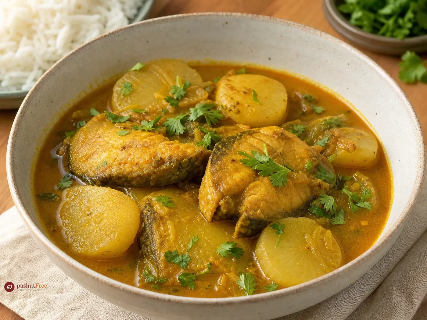 Bangladeshi fish curry with daikon