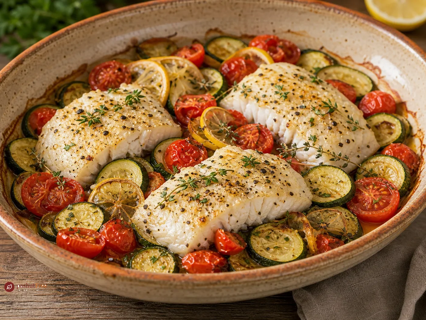 Baked Cod with Courgettes and Tomatoes