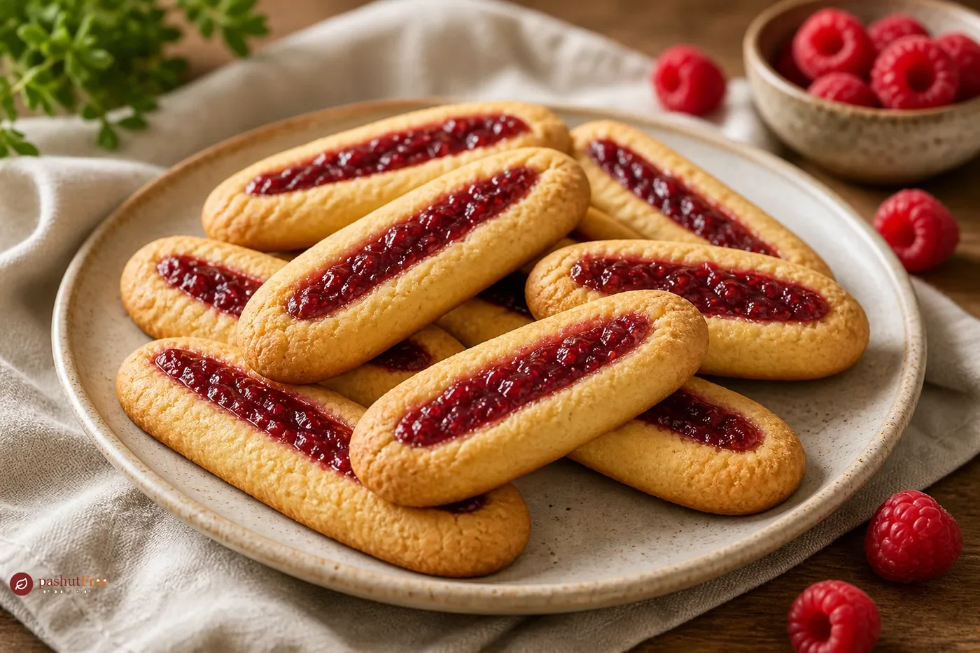 Vegan raspberry jam finger cookies on a plate