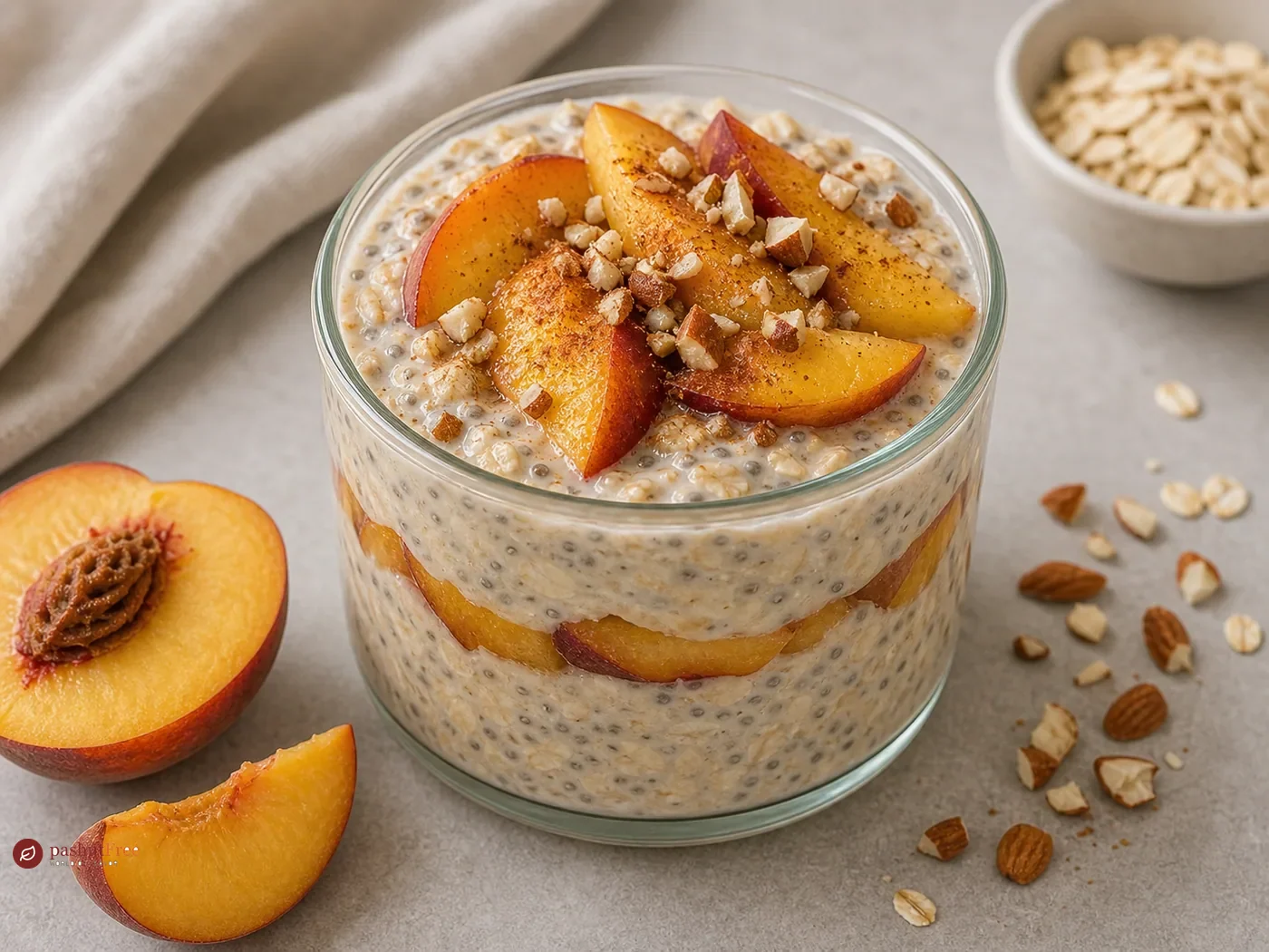 Overnight oats with peaches is served as a ready-made home dish
