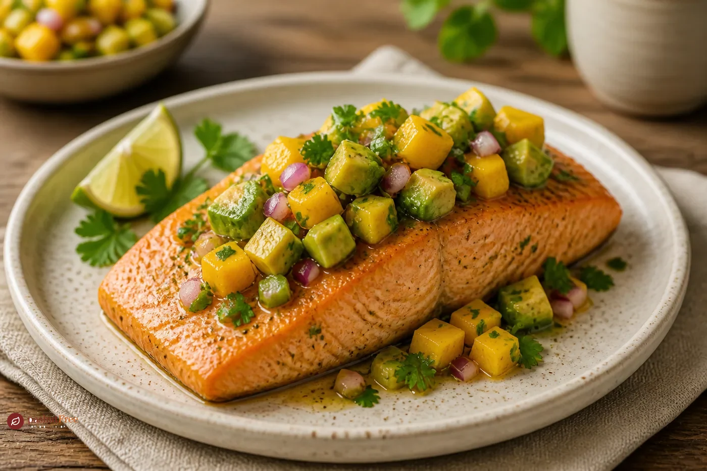 Finished homemade dish: Oven-Baked Salmon with Mango and Avocado Salsa