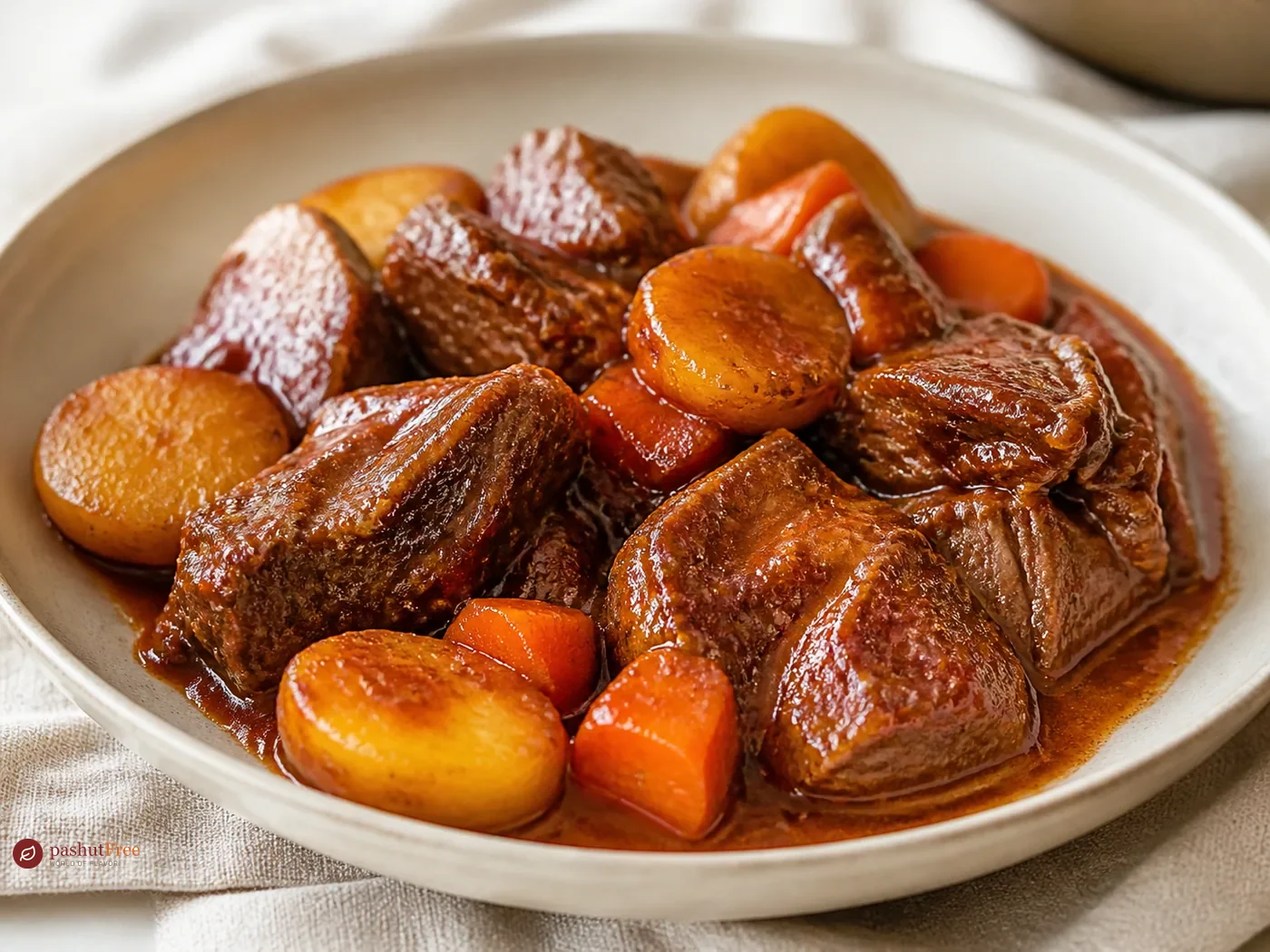 Asado de ternera con patatas y zanahorias en salsa rica