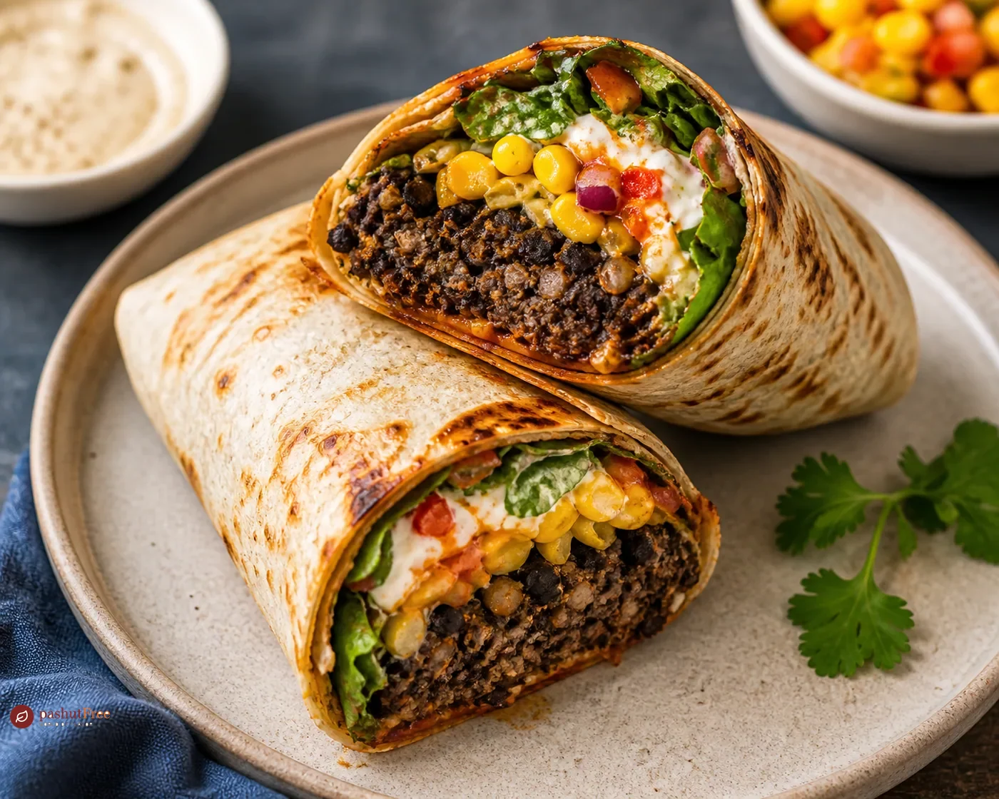 Spicy Veggie Burger Wrap with Roasted Garlic Aioli and Sweet Corn Relish