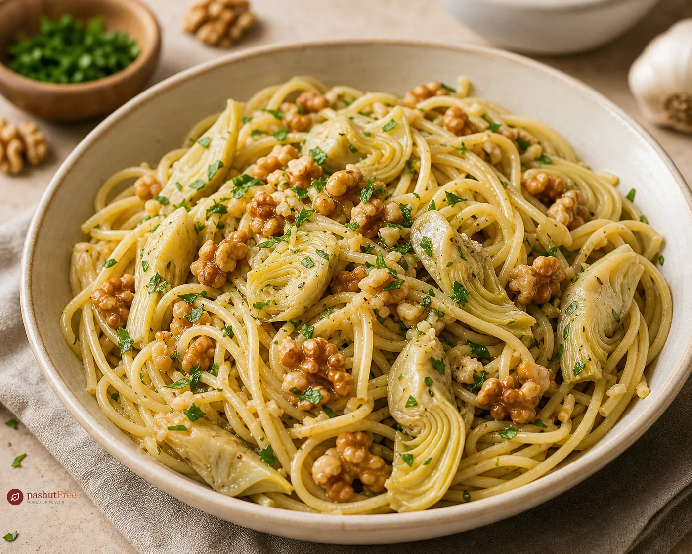 Espaguetis con ajo, alcachofas y nueces