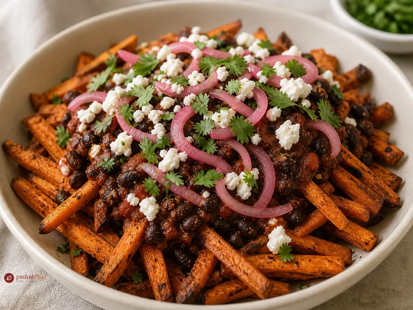 Sweet Potato Fries with Black Bean Chili and Pickled Onion