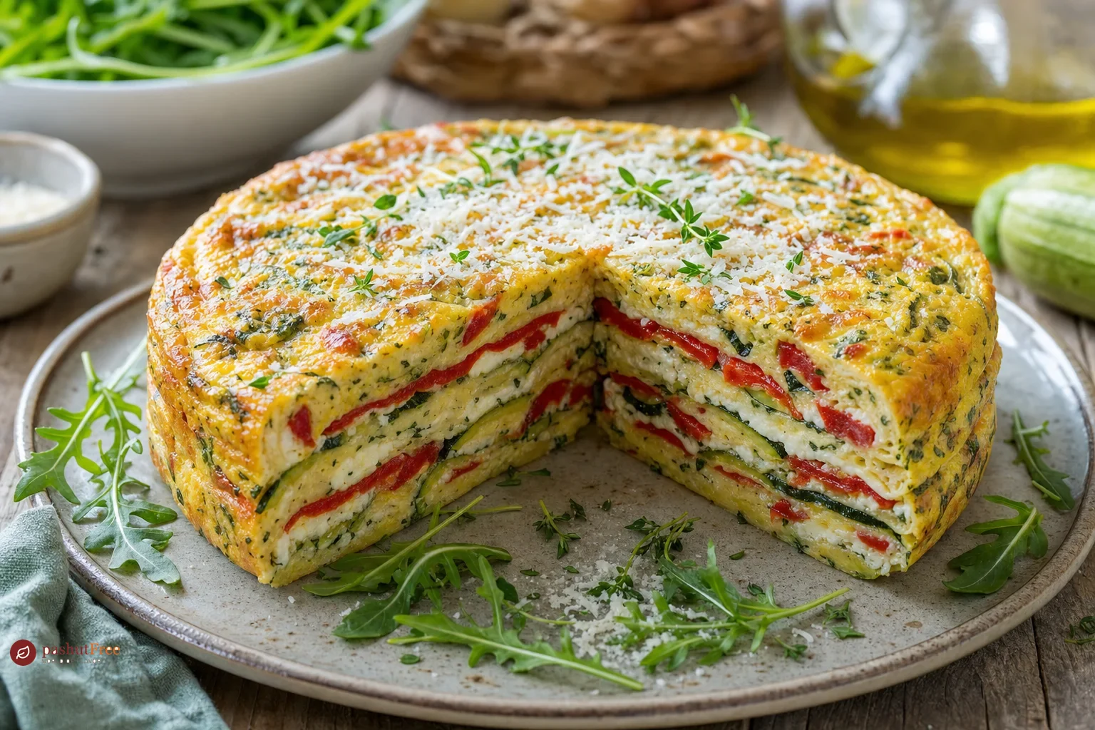 Layered Provencal omelette cake with zucchini and roasted peppers