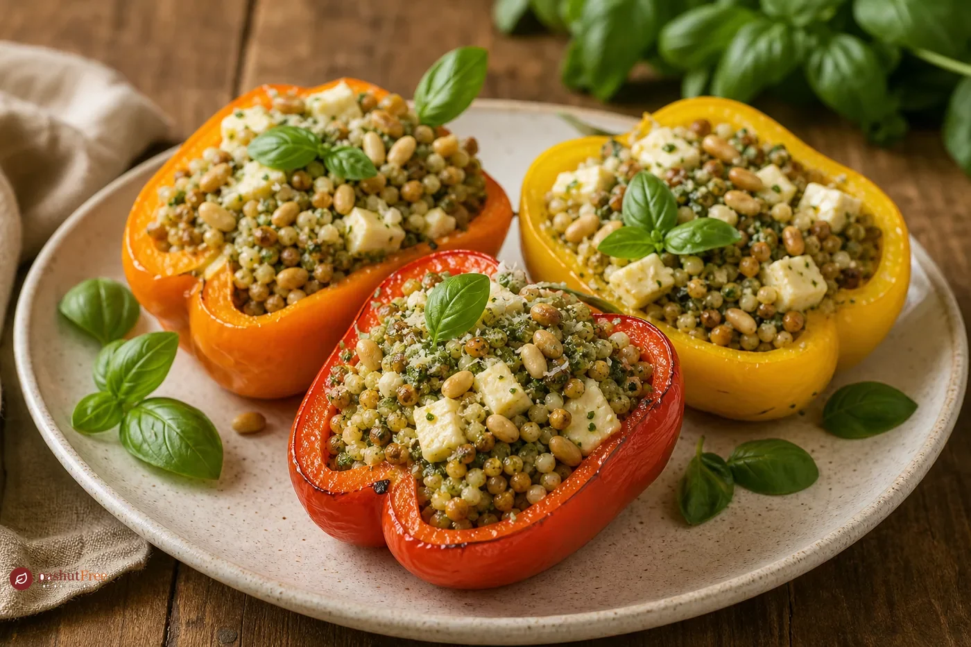 Pimientos Rellenos de Colores con Ptitim Asado y Pesto de Albahaca