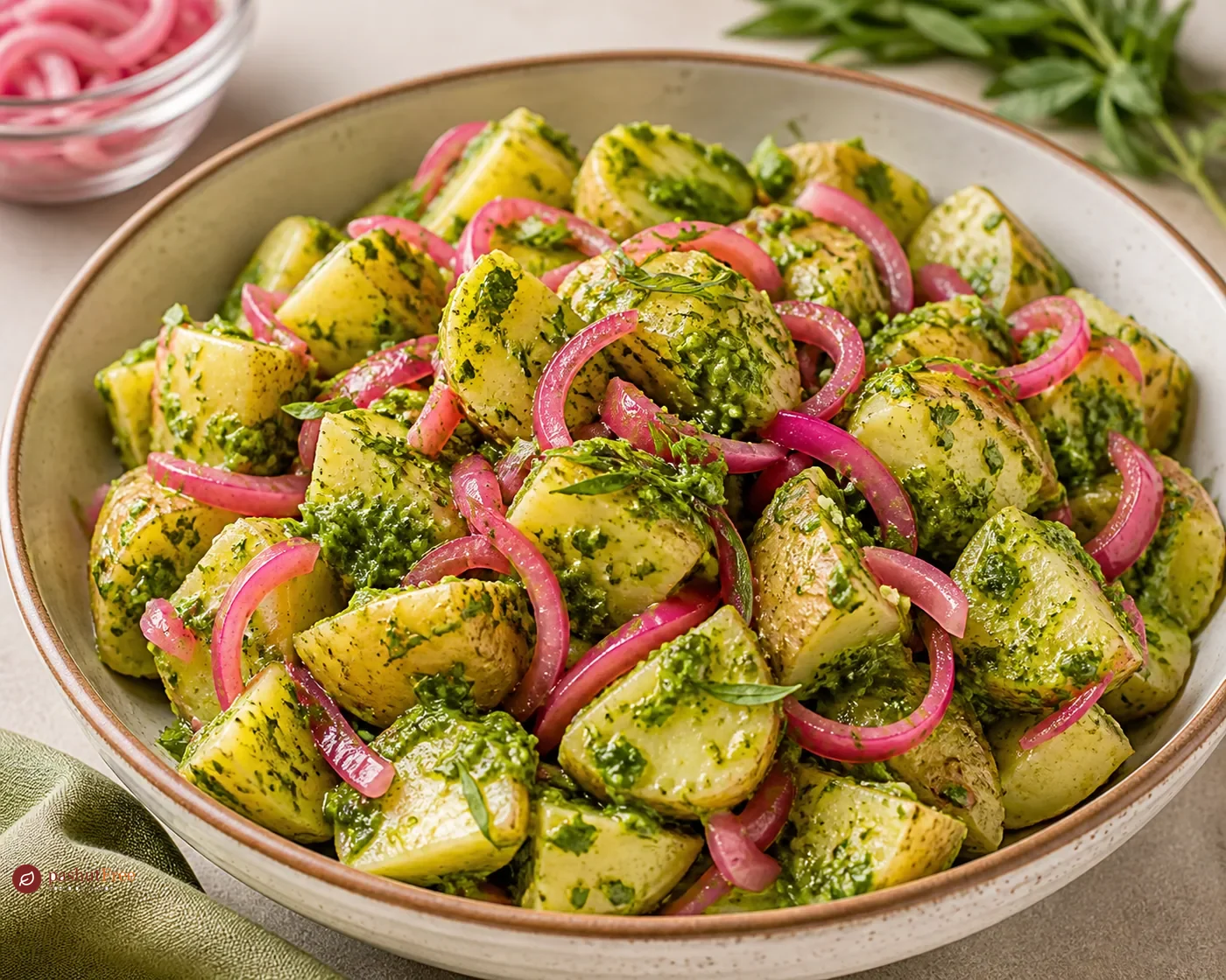 Ensalada de patatas con pesto de estragón y cebollas encurtidas