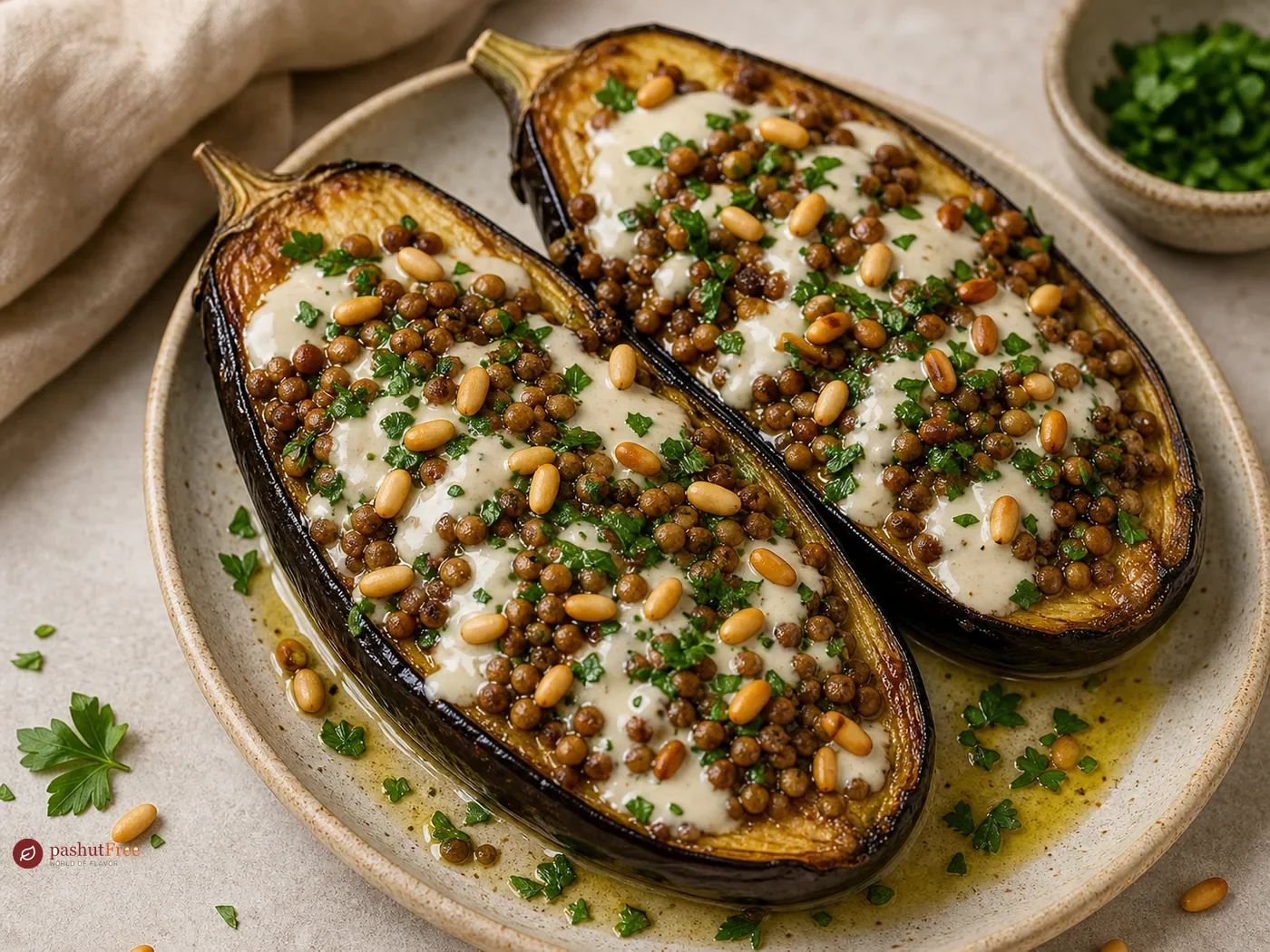 Roasted Aubergine With Tahini, Pine Nuts, and Lentils