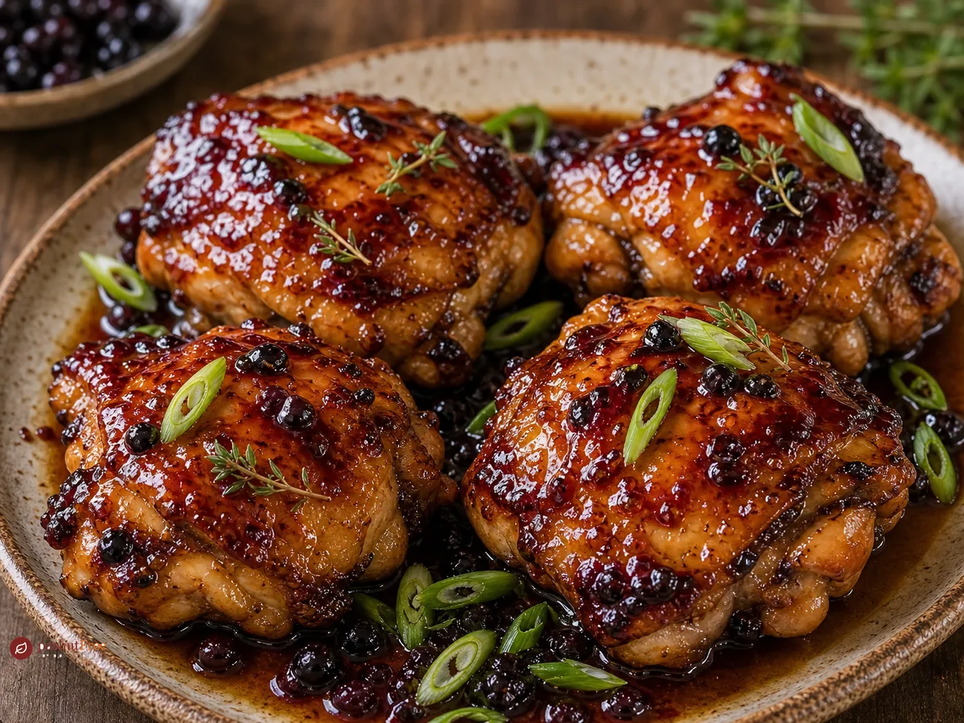 Contramuslos de pollo asados con glaseado de grosella negra y hoisin